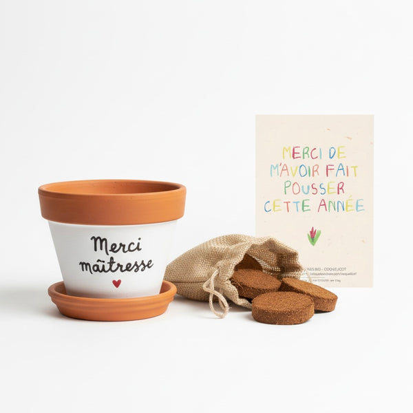 kit à planter pot graines, merci de m'avoir aidé à grandir, merci maitresse, merci nounou, super maitresse, super nounou, merci pour cette année, fin d'année scolaire, vacances scolaires, merci maitre, super maitre, merci atsem, super atsem, pot de fleur personnalisé, graines la fabrique à sachets, galettes fibres de coco, pot avec coupelle, cadeau original plant lover, idee cadeau plant addict, graines de coquelicot, boite à planter