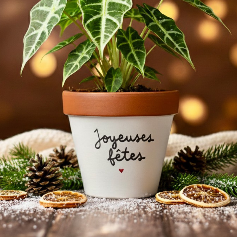 joyeuses fêtes pot de fleurs noël décoration artisanale cadeau noël fleuriste concept store pot personnalisé hiver fait main made in france terracotta plantes vertes déco de table ambiance chaleureuse cadeau fin d’année décoration noël pot de fleurs design slow déco cadeau symbolique cadeau remerciement