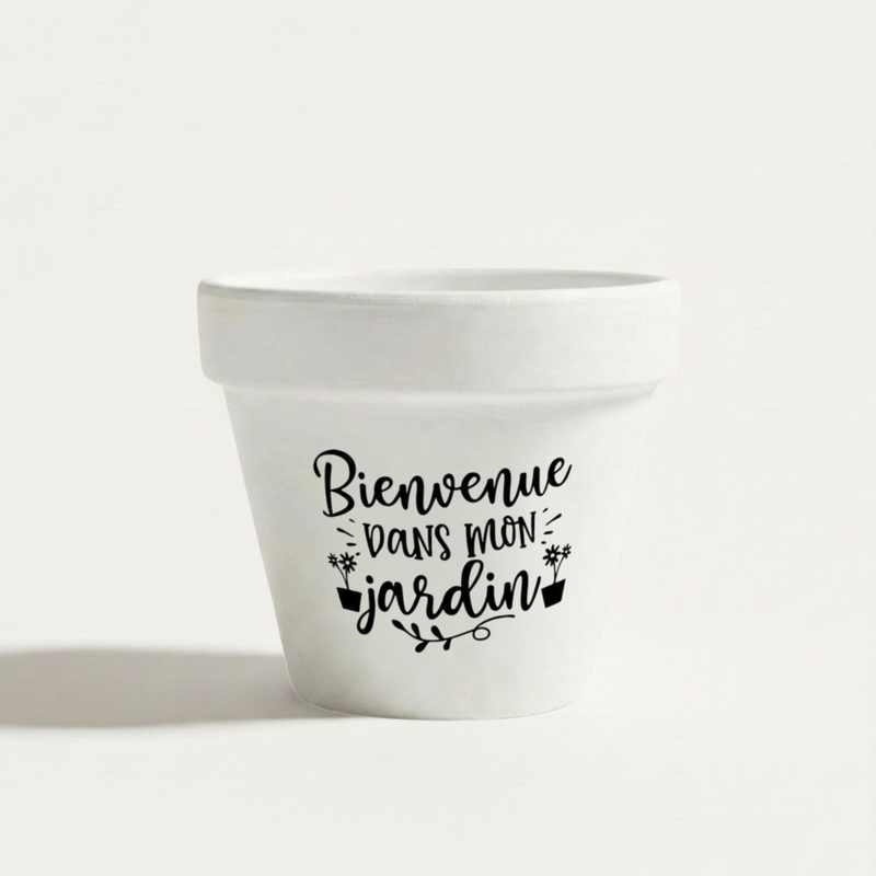 Pot de fleur à message « Bienvenue dans mon jardin » en terre cuite fond blanc, cadeau jardinier