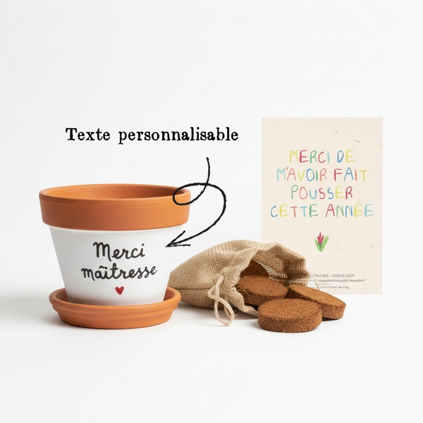 kit à planter pot graines, merci de m'avoir aidé à grandir, merci maitresse, merci nounou, super maitresse, super nounou, merci pour cette année, fin d'année scolaire, vacances scolaires, merci maitre, super maitre, merci atsem, super atsem, pot de fleur personnalisé, graines la fabrique à sachets, galettes fibres de coco, pot avec coupelle, cadeau original plant lover, idee cadeau plant addict, graines de coquelicot, boite à planter